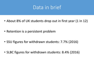 Data in brief
• About 8% of UK students drop out in first year (1 in 12)
• Retention is a persistent problem
• SSU figures for withdrawn students: 7.7% (2016)
• SLBC figures for withdrawn students: 8.4% (2016)
 