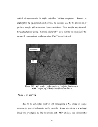 103
desired microstructures in the anode/ electrolyte / cathode components. However, as
explained in the experimental details section, the apparatus used for hot pressing in air
produced samples with a maximum diameter of 0.8 cm. These samples were too small
for electrochemical testing. Therefore, an alternative anode material was selected, so that
the overall concept of one step hot pressing of SOFCs could be tested.
Figure 5.12: NiO Powder Hot Pressed in an Oxidizing Environment.
Al2O3 Plunger (top) / NiO (bottom) interface shown.
Anode 2: Mo and YSZ
Due to the difficulties involved with hot pressing a NiO anode, it became
necessary to search for alternative anode materials. Several alternatives to a Ni-based
anode were investigated by other researchers, and a Mo-YSZ anode was recommended
_____
25 m
Al2O3 Plunger
NiO
 