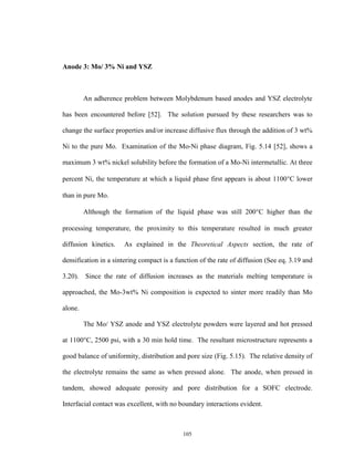105
Anode 3: Mo/ 3% Ni and YSZ
An adherence problem between Molybdenum based anodes and YSZ electrolyte
has been encountered before [52]. The solution pursued by these researchers was to
change the surface properties and/or increase diffusive flux through the addition of 3 wt%
Ni to the pure Mo. Examination of the Mo-Ni phase diagram, Fig. 5.14 [52], shows a
maximum 3 wt% nickel solubility before the formation of a Mo-Ni intermetallic. At three
percent Ni, the temperature at which a liquid phase first appears is about 1100C lower
than in pure Mo.
Although the formation of the liquid phase was still 200C higher than the
processing temperature, the proximity to this temperature resulted in much greater
diffusion kinetics. As explained in the Theoretical Aspects section, the rate of
densification in a sintering compact is a function of the rate of diffusion (See eq. 3.19 and
3.20). Since the rate of diffusion increases as the materials melting temperature is
approached, the Mo-3wt% Ni composition is expected to sinter more readily than Mo
alone.
The Mo/ YSZ anode and YSZ electrolyte powders were layered and hot pressed
at 1100°C, 2500 psi, with a 30 min hold time. The resultant microstructure represents a
good balance of uniformity, distribution and pore size (Fig. 5.15). The relative density of
the electrolyte remains the same as when pressed alone. The anode, when pressed in
tandem, showed adequate porosity and pore distribution for a SOFC electrode.
Interfacial contact was excellent, with no boundary interactions evident.
 