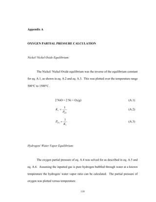 110
Appendix A
OXYGEN PARTIAL PRESSURE CALCULATION
Nickel/ Nickel Oxide Equilibrium:
The Nickel/ Nickel Oxide equilibrium was the inverse of the equilibrium constant
for eq. A.1, as shown in eq. A.2 and eq. A.3. This was plotted over the temperature range
500C to 1500C.
2 NiO = 2 Ni + O2(g) (A.1)
2
1
1
OP
K  (A.2)
1
2
1
K
PO  (A.3)
Hydrogen/ Water Vapor Equilibrium:
The oxygen partial pressure of eq. A.4 was solved for as described in eq. A.5 and
eq. A.6. Assuming the inputted gas is pure hydrogen bubbled through water at a known
temperature the hydrogen/ water vapor ratio can be calculated. The partial pressure of
oxygen was plotted versus temperature.
 