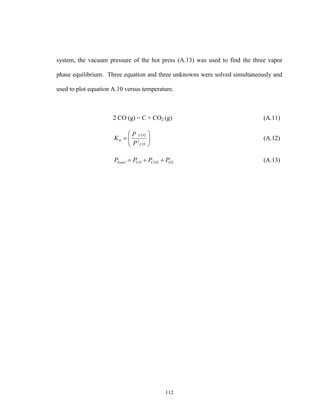 112
system, the vacuum pressure of the hot press (A.13) was used to find the three vapor
phase equilibrium. Three equation and three unknowns were solved simultaneously and
used to plot equation A.10 versus temperature.
2 CO (g) = C + CO2 (g) (A.11)







CO
CO
P
P
K 2
2
4 (A.12)
22 OCOCOTotal PPPP  (A.13)
 