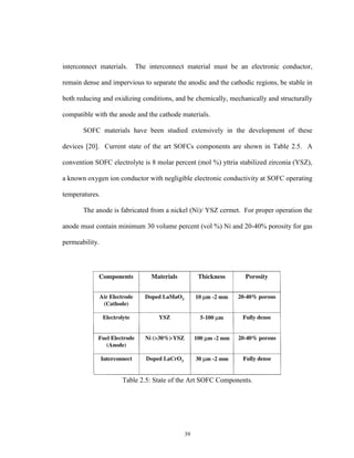 39
interconnect materials. The interconnect material must be an electronic conductor,
remain dense and impervious to separate the anodic and the cathodic regions, be stable in
both reducing and oxidizing conditions, and be chemically, mechanically and structurally
compatible with the anode and the cathode materials.
SOFC materials have been studied extensively in the development of these
devices [20]. Current state of the art SOFCs components are shown in Table 2.5. A
convention SOFC electrolyte is 8 molar percent (mol %) yttria stabilized zirconia (YSZ),
a known oxygen ion conductor with negligible electronic conductivity at SOFC operating
temperatures.
The anode is fabricated from a nickel (Ni)/ YSZ cermet. For proper operation the
anode must contain minimum 30 volume percent (vol %) Ni and 20-40% porosity for gas
permeability.
Table 2.5: State of the Art SOFC Components.
 