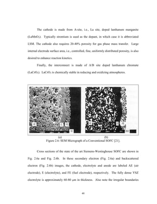 40
The cathode is made from A-site, i.e., La site, doped lanthanum manganite
(LaMnO3). Typically strontium is used as the dopant, in which case it is abbreviated
LSM. The cathode also requires 20-40% porosity for gas phase mass transfer. Large
internal electrode surface area, i.e., controlled, fine, uniformly distributed porosity, is also
desired to enhance reaction kinetics.
Finally, the interconnect is made of A/B site doped lanthanum chromate
(LaCrO3). LaCrO3 is chemically stable in reducing and oxidizing atmospheres.
(a) (b)
Figure 2.6: SEM Micrograph of a Conventional SOFC [21].
Cross sections of the state of the art Siemens-Westinghouse SOFC are shown in
Fig. 2.6a and Fig. 2.6b. In these secondary electron (Fig. 2.6a) and backscattered
electron (Fig. 2.6b) images, the cathode, electrolyte and anode are labeled AE (air
electrode), E (electrolyte), and FE (fuel electrode), respectively. The fully dense YSZ
electrolyte is approximately 60-80 m in thickness. Also note the irregular boundaries
 