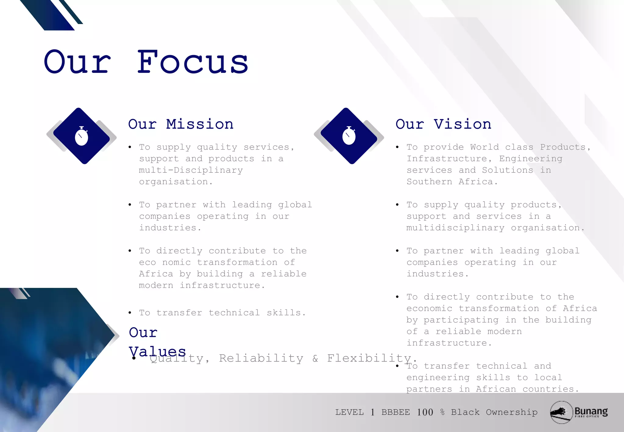 Our Focus
• To supply quality services,
support and products in a
multi-Disciplinary
organisation.
• To partner with leading global
companies operating in our
industries.
• To directly contribute to the
eco nomic transformation of
Africa by building a reliable
modern infrastructure.
• To transfer technical skills.
Our Mission
• To provide World class Products,
Infrastructure, Engineering
services and Solutions in
Southern Africa.
• To supply quality products,
support and services in a
multidisciplinary organisation.
• To partner with leading global
companies operating in our
industries.
• To directly contribute to the
economic transformation of Africa
by participating in the building
of a reliable modern
infrastructure.
• To transfer technical and
engineering skills to local
partners in African countries.
Our Vision
Our
Values• Quality, Reliability & Flexibility.
LEVEL 1 BBBEE 100 % Black Ownership
 