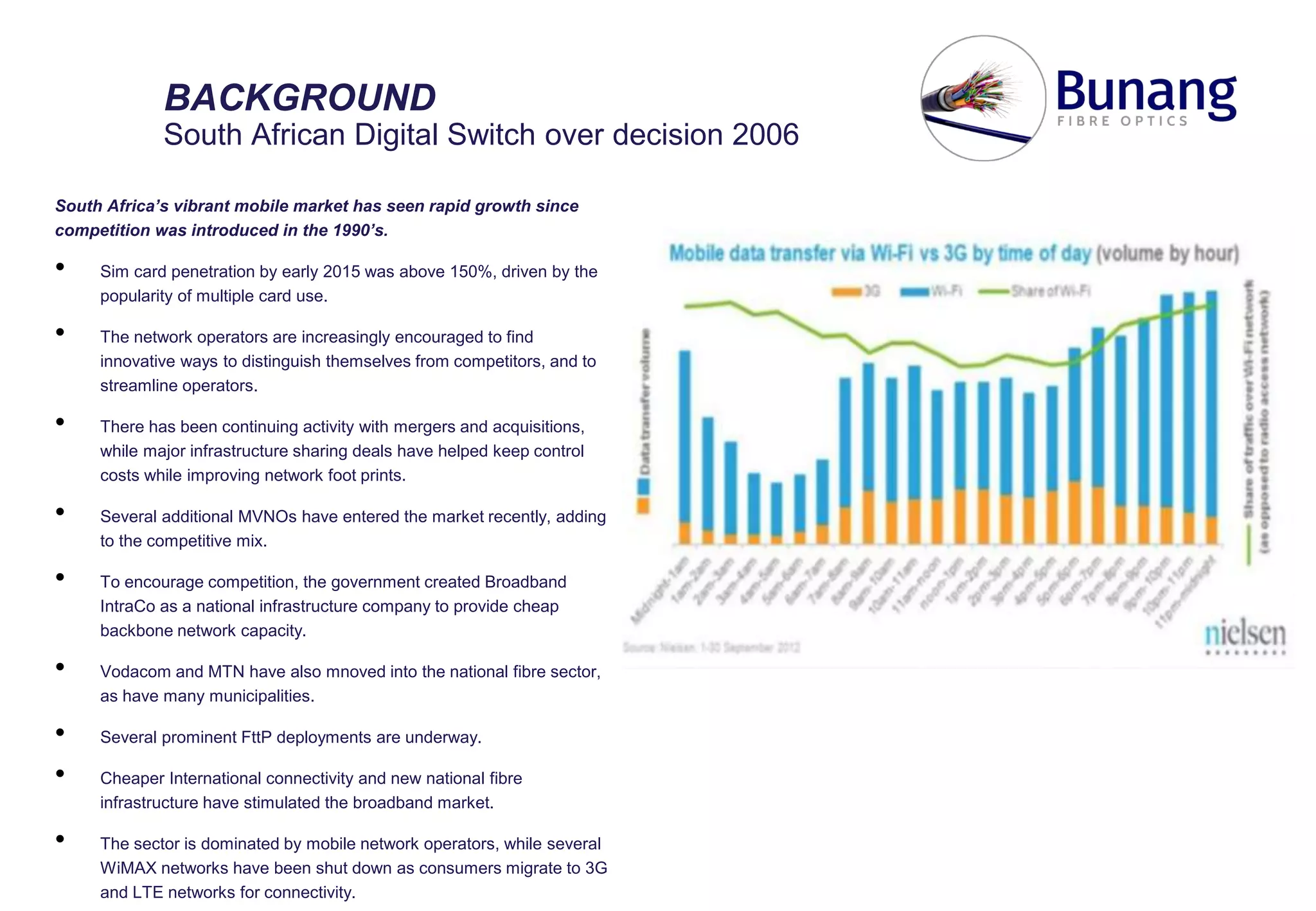 South Africa’s vibrant mobile market has seen rapid growth since
competition was introduced in the 1990’s.
• Sim card penetration by early 2015 was above 150%, driven by the
popularity of multiple card use.
• The network operators are increasingly encouraged to find
innovative ways to distinguish themselves from competitors, and to
streamline operators.
• There has been continuing activity with mergers and acquisitions,
while major infrastructure sharing deals have helped keep control
costs while improving network foot prints.
• Several additional MVNOs have entered the market recently, adding
to the competitive mix.
• To encourage competition, the government created Broadband
IntraCo as a national infrastructure company to provide cheap
backbone network capacity.
• Vodacom and MTN have also mnoved into the national fibre sector,
as have many municipalities.
• Several prominent FttP deployments are underway.
• Cheaper International connectivity and new national fibre
infrastructure have stimulated the broadband market.
• The sector is dominated by mobile network operators, while several
WiMAX networks have been shut down as consumers migrate to 3G
and LTE networks for connectivity.
BACKGROUND
South African Digital Switch over decision 2006
 