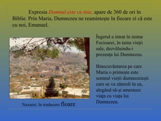 Nazaret, în traducere floare
Expresia Domnul este cu tine, apare de 360 de ori în
Biblie. Prin Maria, Dumnezeu ne reaminteşte în fiecare zi că este
cu noi, Emanuel.
Îngerul a intrat în inima
Fecioarei, în taina vieţii
sale, dezvăluindu-i
prezenţa lui Dumnezeu.
Binecuvântarea pe care
Maria o primeşte este
semnul vieţii dumnezeieşti
care se va zămisli în ea,
alegând să-şi amestece
viaţa cu viaţa lui
Dumnezeu.
 