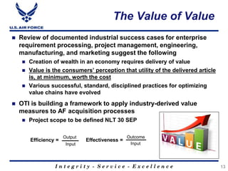 I n t e g r i t y - S e r v i c e - E x c e l l e n c e
The Value of Value
 Review of documented industrial success cases for enterprise
requirement processing, project management, engineering,
manufacturing, and marketing suggest the following
 Creation of wealth in an economy requires delivery of value
 Value is the consumers’ perception that utility of the delivered article
is, at minimum, worth the cost
 Various successful, standard, disciplined practices for optimizing
value chains have evolved
 OTI is building a framework to apply industry-derived value
measures to AF acquisition processes
 Project scope to be defined NLT 30 SEP
13
Output
Input
Outcome
Input
Efficiency = Effectiveness =
 