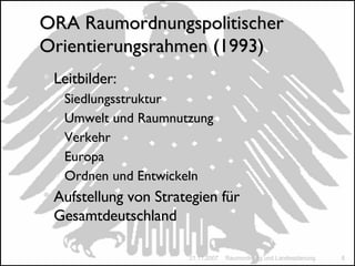 Leitbilder: Siedlungsstruktur Umwelt und Raumnutzung Verkehr Europa Ordnen und Entwickeln Aufstellung von Strategien für Gesamtdeutschland ORA Raumordnungspolitischer Orientierungsrahmen (1993) 21.11.2007 Raumordnung und Landesplanung 