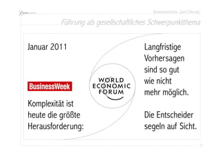 Bundesworkshop „Gute Führung“
11111111
Komplexität ist
heute die größte
Herausforderung:
Januar 2011 Langfristige
Vorhersagen
sind so gut
wie nicht
mehr möglich.
Die Entscheider
segeln auf Sicht.
Führung als gesellschaftliches Schwerpunktthema
 