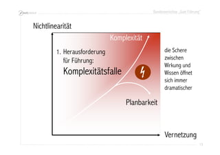Bundesworkshop „Gute Führung“
13131313
Vernetzung
Nichtlinearität
Komplexität
Planbarkeit
Herausforderung
für Führung:
Komplexitätsfalle
1. die Schere
zwischen
Wirkung und
Wissen öffnet
sich immer
dramatischer
 