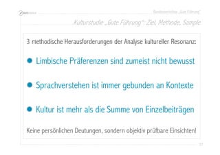Bundesworkshop „Gute Führung“
27272727
Limbische Präferenzen sind zumeist nicht bewusst
Sprachverstehen ist immer gebunden an Kontexte
Keine persönlichen Deutungen, sondern objektiv prüfbare Einsichten!
3 methodische Herausforderungen der Analyse kultureller Resonanz:
Kulturstudie „Gute Führung“: Ziel, Methode, Sample
„Ich habe endlich für meinen Sohn ein Fahrrad bekommen.“
„Da haben Sie aber einen guten Tausch gemacht.“Kultur ist mehr als die Summe von Einzelbeiträgen
 