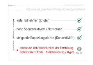 Bundesworkshop „Gute Führung“
5555
erhöht die Wahrscheinlichkeit der Entstehung
nichtlinearer Effekte: Aufschaukelung / Hypes
1. viele Teilnehmer (Knoten)
2. hohe Spontanaktivität (Aktivierung)
3. steigende Koppelungsdichte (Konnektivität)
Coca Cola
Führung als gesellschaftliches Schwerpunktthema
 