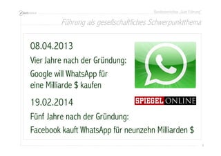 Bundesworkshop „Gute Führung“
9999
Google will WhatsApp für
eine Milliarde $ kaufen
Vier Jahre nach der Gründung:
08.04.2013
Facebook kauft WhatsApp für neunzehn Milliarden $
Fünf Jahre nach der Gründung:
19.02.2014
Führung als gesellschaftliches Schwerpunktthema
 