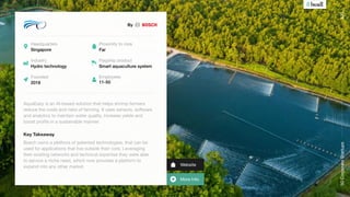 More Info
Website
50
Corporate
Startups
By
AquaEasy is an AI-based solution that helps shrimp farmers
reduce the costs and risks of farming. It uses sensors, software
and analytics to maintain water quality, increase yields and
boost profits in a sustainable manner. 

Key Takeaway
#20
Headquarters
Singapore
Industry
Hydro technology
Founded
2018
Flagship product
Smart aquaculture system
Bosch owns a plethora of patented technologies, that can be
used for applications that live outside their core. Leveraging
their existing networks and technical expertise they were able
to service a niche need, which now provides a platform to
expand into any other market.
Employees
11-50
Proximity to core
Far
 