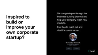 We can guide you through the  
business building process and
help your company reach new
markets.

Feel free to reach out and  
start the conversation.
Inspired to
build or
improve your
own corporate
startup?
Thomas Van Halewyck
Co-founder and managing  
partner at Bundl

LINKEDIN
EMAIL
 
