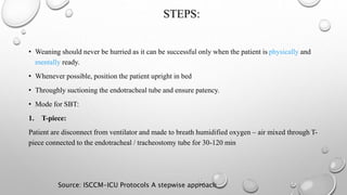 STEPS:
• Weaning should never be hurried as it can be successful only when the patient is physically and
mentally ready.
• Whenever possible, position the patient upright in bed
• Throughly suctioning the endotracheal tube and ensure patency.
• Mode for SBT:
1. T-piece:
Patient are disconnect from ventilator and made to breath humidified oxygen – air mixed through T-
piece connected to the endotracheal / tracheostomy tube for 30-120 min
Source: ISCCM-ICU Protocols A stepwise approach
 