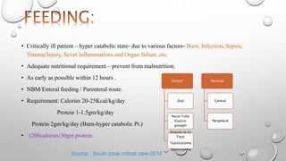 • Critically ill patient – hyper catabolic state- due to various factors- Burn, Infection, Sepsis,
Trauma/Injury, Sever inflammations and Organ failure ,etc.
• Adequate nutritional requirement – prevent from malnutrition.
• As early as possible within 12 hours .
• NBM/Enteral feeding / Parenteral route.
• Requirement: Calories 20-25Kcal/kg/day
Protein 1-1.5gm/kg/day
Protein 2gm/kg/day (Burn-hyper catabolic Pt.)
• 1200calories/30gm protein
Enteral
Oral
Nasal Tube
(Gastric
gavage)
Directly to GI
Tract
*Gastrostomy
*Jejunostomy
Parental
Central
Peripheral
Source : South zone critical care-2018
 