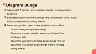 Diagram Bunga
 Adalah salah 1 gambar yang melukiskan keadaan bunga danbagian-
bagiannya
 Bidang tengah/poros munculnya bunga yang dibuat melalui sumbu bunga,
sumbu batang dan daun-bidang median
 Dalam menggambar bagian bunga, yang harus diperhatikan:
• Jumlah masing-masing bagian bunga
• Bagaimana susunan terhadap sesamanya (bersentuhan,
berlekatan, dsb)
• Bagaimana susunannya terhadap bagian bunga yang lain
• Bagaimana letak bagian-bagian bunga tersebut terhadap
bidang median
 