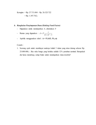 Kerugian = Rp. 27.713.484 – Rp. 26.325.722
= Rp. 1.387.762,-
b. Rangkaian Penyimpanan Dana (Sinking Fund Factor)
- Digunakan untuk mendapatkan A ; ditentukan F
- Rumus yang digunakan :
1)1( 
 n
i
i
FA
- Apabila menggunakan tabel : A = F (A/F, i%, n)
Contoh :
1. Seorang ayah untuk membiayai anaknya kuliah 3 tahun yang akan datang sebesar Rp.
25.000.000,-. Jika suku bunga yang berlaku adalah 12% pertahun nominal. Berapakah
dia harus menabung setiap bulan untuk mendapatkan dana tersebut?
 