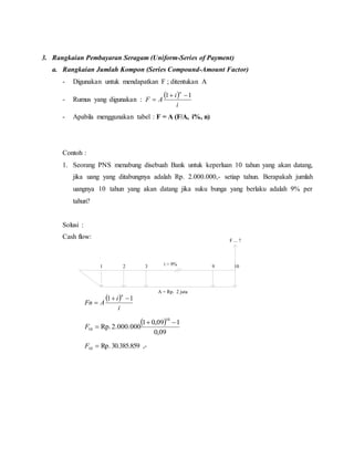1 2 3 9 10i = 9%
F ... ?
A = Rp. 2 juta
3. Rangkaian Pembayaran Seragam (Uniform-Series of Payment)
a. Rangkaian Jumlah Kompon (Series Compound-Amount Factor)
- Digunakan untuk mendapatkan F ; ditentukan A
- Rumus yang digunakan :
 
i
i
AF
n
11 

- Apabila menggunakan tabel : F = A (F/A, i%, n)
Contoh :
1. Seorang PNS menabung disebuah Bank untuk keperluan 10 tahun yang akan datang,
jika uang yang ditabungnya adalah Rp. 2.000.000,- setiap tahun. Berapakah jumlah
uangnya 10 tahun yang akan datang jika suku bunga yang berlaku adalah 9% per
tahun?
Solusi :
Cash flow:
 
i
i
AFn
n
11 

 
09,0
109,01
2.000.000Rp.
10
10

F
,-30.385.859Rp.10 F
 