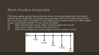 Deret Gradien Aritmetika
Perkiraan ongkos operasi dan perawatan mesin-mesin yang digunakan oleh sebuah
industri kimia adalah Rp. 6 juta pada tahun pertama, Rp. 6,5 juta pada tahun kedua
dan seterusnya selalu meningkat 0,5 juta 6etiap tahun sampai tahun ke 5. Bila tingkat
bunga yang berlaku adalah 15% per tahun hitunglah :
(a) Nilai sekarang dari semua ongkos tersebut (pada tahun ke-0).
(b) Nilai semua ongkos tersebut pada tahun ke-5.
(c) Nilai deret seragam dari semua ongkos tersebut selama 5 tahun.
 