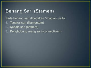 Pada benang sari dibedakan 3 bagian, yaitu:
1. Tangkai sari (filamentum)
2. Kepala sari (anthera)
3. Penghubung ruang sari (connectivum)
 