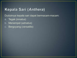 Duduknya kepala sari dapat bermacam-macam:
a. Tegak (innatus)
b. Menempel (adnatus)
c. Bergoyang (versatilis)
 