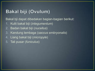 Bakal bji dapat dibedakan bagian-bagian berikut:
1. Kulit bakal biji (integumentum)
2. Badan bakal biji (nucellus)
3. Kandung lembaga (saccus embryonalis)
4. Liang bakal biji (micropyle)
5. Tali pusar (funiculus)
 