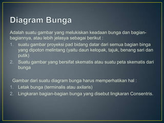 Adalah suatu gambar yang melukiskan keadaan bunga dan bagian-
bagiannya, atau lebih jelasya sebagai berikut :
1. suatu gambar proyeksi pad bidang datar dari semua bagian binga
yang dipoton melintang (yaitu daun kelopak, tajuk, benang sari dan
putik)
2. Suatu gambar yang bersifat skematis atau suatu peta skematis dari
bunga
Gambar dari suatu diagram bunga harus memperhatikan hal :
1. Letak bunga (terminalis atau axilaris)
2. Lingkaran bagian-bagian bunga yang disebut lingkaran Consentris.
 