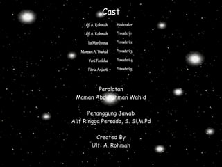 UlfiA. Rohmah
UlfiA. Rohmah
Iis Marliyana
MamanA. Wahid
YeniFarikha
FitriaAnjarti
Moderator
Pemateri1
Pemateri2
Pemateri3
Pemateri4
Pemateri5
Cast
Peralatan
Maman Abdurahman Wahid
Penanggung Jawab
Alif Ringga Persada, S. Si.M.Pd
Created By
Ulfi A. Rohmah
 