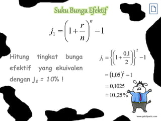 Hitung tingkat bunga
efektif yang ekuivalen
dengan j2 = 10% !
1
1
1 








n
n
r
j
1
2
1
,
0
1
2
1 














j
  1
05
,
1
2


%
25
,
10
1025
,
0


 