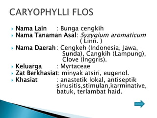 







Nama Lain
: Bunga cengkih
Nama Tanaman Asal: Syzygium aromaticum
( Linn. )
Nama Daerah : Cengkeh (Indonesia, Jawa,
Sunda), Cangkih (Lampung),
Clove (Inggris).
Keluarga
: Myrtaceae
Zat Berkhasiat: minyak atsiri, eugenol.
Khasiat
: anastetik lokal, antiseptik
sinusitis,stimulan,karminative,
batuk, terlambat haid.

 