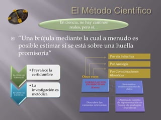El Método experimental:“No necesariamente involucra experimentos (es aplicable fuera de laboratorios)”