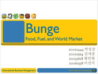 Bunge
                       Food, Fuel, and World Market

                                            20022444
                                            20022394
                                            20032618
                                            20062538
International Business Management           International Consulting
 