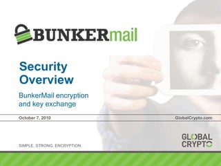 SecurityOverview,[object Object],BunkerMail encryption,[object Object],and key exchange,[object Object],October 7, 2010	GlobalCrypto.com,[object Object]