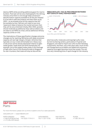 Special report: Oil Major changes in 2020 for the global refining industry
3© 2017 S&P Global Platts, a division of S&P Global. All rights reserved.
For more information, please visit us online or speak to one of our sales specialists:
www.platts.com | support@platts.com
NORTH AMERICA
+1-800-PLATTS8(toll-free)
+1-212-904-3070 (direct)
EMEA
+44-(0)20-7176-6111
LATIN AMERICA
+55-11-3371-5755
ASIA-PACIFIC
+65-6530-6430
RUSSIA
+7-495-783-4141
destroy HSFO while providing additional gasoil for marine
bunkers. That task will be very challenging for the refining
industry since there is not enough deep conversion/
desulfurization capacity available to do the job ‘cheaply’.
It is too late to add new projects and start them up by
2020 – so we already know all the capacity that will
be available by then. Refiners will need to use more
‘expensive’ steps to balance the market and even then
they will be very stretched initially. After 2020, spreads
should moderate as additional ships add scrubbers and
are able to use HSFO as a fuel, and as additional refinery
capacity comes on-line.
The implications of these specification changes and price
changes are far reaching. Refineries with deep conversion
capacity will see high margins. Simpler refineries that
typically run sour crude will be badly hurt. Heavy-sour
crude prices will be sharply depressed relative to light-
sweet grades. Trade flows will shift dramatically. For
example, one of the largest trades today is the arbitrage
of high sulfur fuel oil from Russia/Europe to Singapore
for use in bunkers; that trade will stop as Asia will be
short low sulfur molecules and long high sulfur ones.
Current bunkering centers, particularly in Fujairah and
Singapore, will need to import low sulfur bunker blending
components. And then, only a few years later, much of this
will change back as scrubbers are added and conversion
capacity once again becomes more than ample. This will
be a very interesting time of rapid change for the industry.
MIDDLEDISTILLATE FUELOILPRICESPREADSRESTRAINED
NEXTCOUPLEOF YEARS,THENMUCHWIDER
0
10
20
30
40
50
60
20302025202020152010200520001995
Source: PIRA, a part of S&P Global Platts
(gasoil - HS fuel oil, $/b) USG SingaporeNWE
 