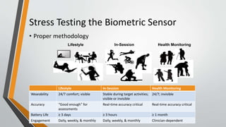 Lifestyle In-Session Health Monitoring
Lifestyle In-Session Health Monitoring
Wearability 24/7 comfort; visible Stable during target activities;
visible or invisible
24/7; invisible
Accuracy “Good enough” for
assessments
Real-time accuracy critical Real-time accuracy critical
Battery Life ≥ 3 days ≥ 3 hours ≥ 1 month
Engagement Daily, weekly, & monthly Daily, weekly, & monthly Clinician-dependent
Stress Testing the Biometric Sensor
• Proper methodology
 