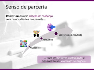 Senso de parceria
Construímos uma relação de confiança
com nossos clientes nos permite...




                                            Conversão em resultado

                              Relevância


                  Awareness



                               ... tratá-los de forma customizada e
                              aderente ao seu momento de negócio.
                                 10
 