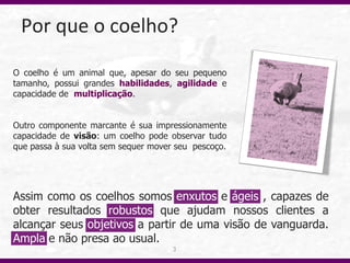 Por que o coelho?

O coelho é um animal que, apesar do seu pequeno
tamanho, possui grandes habilidades, agilidade e
capacidade de multiplicação.


Outro componente marcante é sua impressionamente
capacidade de visão: um coelho pode observar tudo
que passa à sua volta sem sequer mover seu pescoço.




Assim como os coelhos somos enxutos e ágeis , capazes de
obter resultados robustos que ajudam nossos clientes a
alcançar seus objetivos a partir de uma visão de vanguarda.
Ampla e não presa ao usual.
                                      3
 