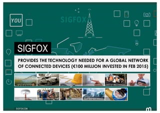 19 SIGFOX.COM
SIGFOX
PROVIDES THE TECHNOLOGY NEEDED FOR A GLOBAL NETWORK
OF CONNECTED DEVICES (€100 MILLION INVESTED IN FE...