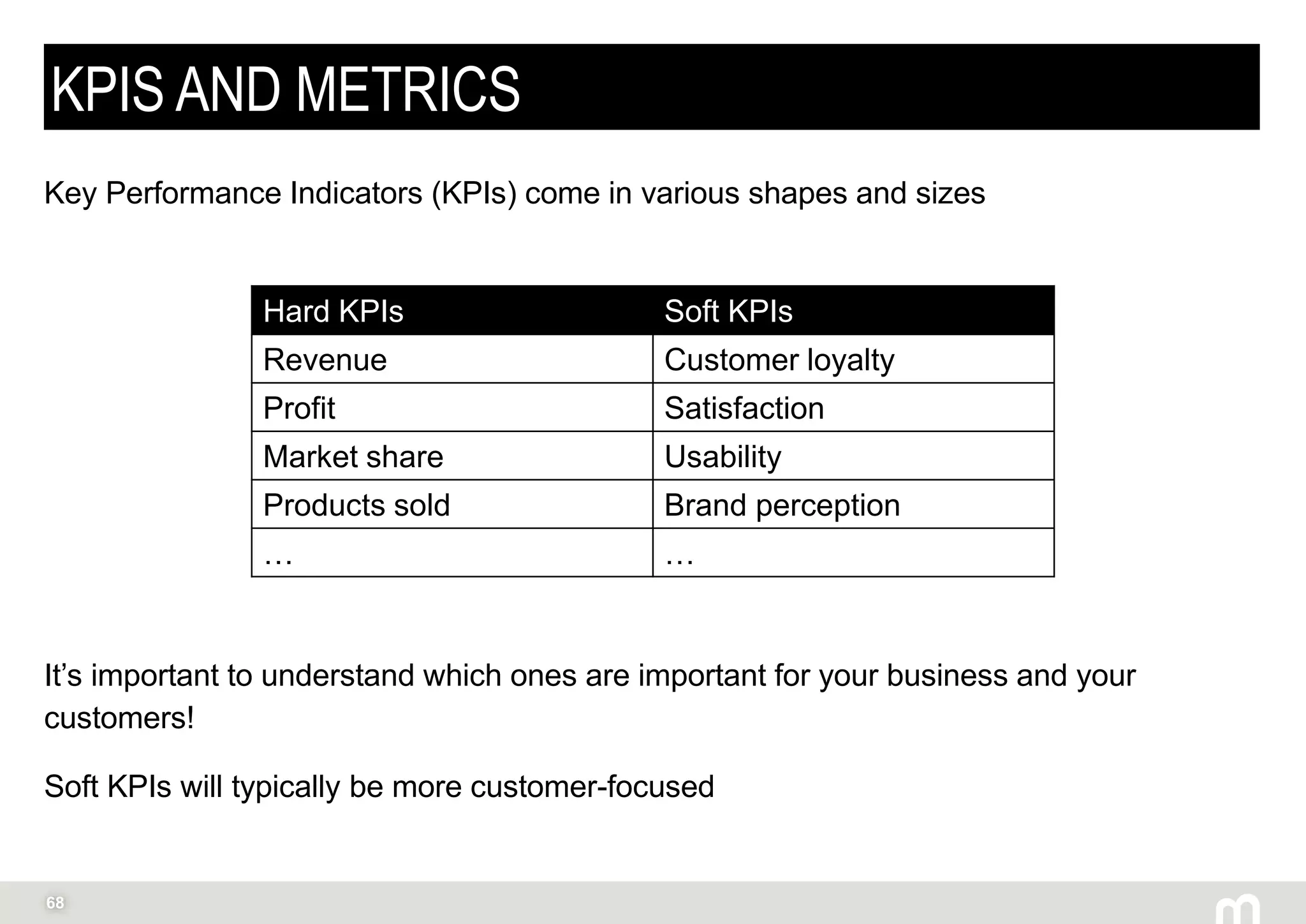 68
KPIS AND METRICS
Key Performance Indicators (KPIs) come in various shapes and sizes
It’s important to understand which ones are important for your business and your
customers!
Soft KPIs will typically be more customer-focused
Hard KPIs Soft KPIs
Revenue Customer loyalty
Profit Satisfaction
Market share Usability
Products sold Brand perception
… …
 
