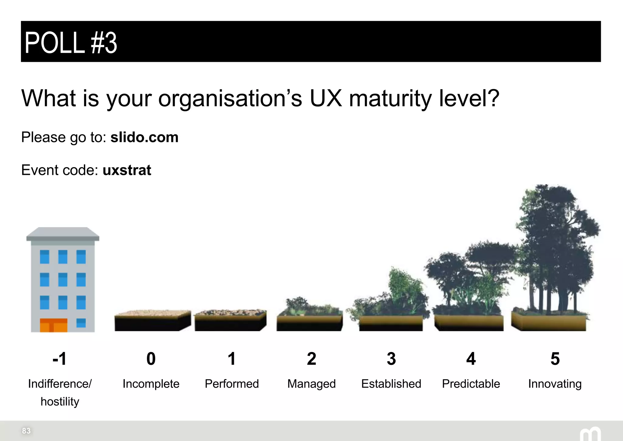 83
POLL #3
-1
Indifference/
hostility
0
Incomplete
1
Performed
2
Managed
3
Established
4
Predictable
5
Innovating
What is your organisation’s UX maturity level?
Please go to: slido.com
Event code: uxstrat
 