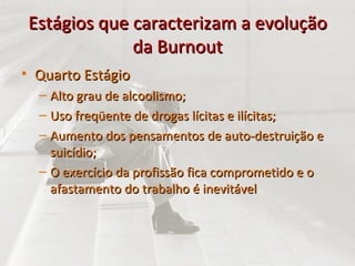 Estágios que caracterizam a evolução da Burnout Quarto Estágio Alto grau de alcoolismo; Uso freqüente de drogas lícitas e ilícitas; Aumento dos pensamentos de auto-destruição e suicídio; O exercício da profissão fica comprometido e o afastamento do trabalho é inevitável 