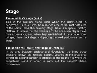 Stage
The musician’s stage (Yuka)
This is the auxiliary stage upon which the gidayu-bushi is
performed. It juts out into the audience area at the front right area
of the seats. Upon this auxiliary stage there is a special rotating
platform. It is here that the chanter and the shamisen player make
their appearance, and, when they are finished, it turns once more,
bringing them backstage and placing the next performers on the
stage.
The partitions (Tesuri) and the pit (Funazoko)
In the area between upstage and downstage, the three stage
positions, known as "railings" (tesuri). Located in the area area
behind the second partition is often called the pit and it is where the
puppeteers stand in order to carry out the puppets' lifelike
movements.
 