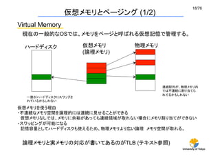 18/76	
                 仮想メモリとページング (1/2)
Virtual Memory
 現在の一般的なOSでは、メモリをページと呼ばれる仮想記憶で管理する。

  ハードディスク	
           仮想メモリ       物理メモリ	
                      (論理メモリ)	




                                            連続配列が、物理メモリ内
                                            では不連続に割り当てら
                                            れてるかもしれない	
   一部がハードディスクにスワップさ
   れているかもしれない	

仮想メモリを使う理由
・不連続なメモリ空間を論理的には連続に見せることができる
 仮想メモリなしでは、メモリに余裕があっても連続領域が取れない場合にメモリ割り当てができない
・スワッピングが可能になる
 記憶容量としてハードディスクも使えるため、物理メモリより広い論理 メモリ空間が取れる。


 論理メモリと実メモリの対応が書いてあるのがTLB (テキスト参照)	
                                                  University of Tokyo
 