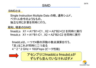 28/76	
                      SIMD	
SIMDとは	
 Single Instruction Multiple Data の略。通称シムド。
 ベクトル命令のようなもの。
 独立な同じ計算を同時に行う。	
積和、積差のSIMD	
 fmadd,s X1 = A1*B1+C1 , X2 = A2*B2+C2 を同時に実行
 fmsub,s X1 = A1*B1-C1 , X2 = A2*B2-C2 を同時に実行

  fmadd,sは、一つで4個の浮動小数点演算を行う。
  「京」はこれが同時に二つ走る
  4 * 2 * 2 GHz = 16GFlops (ピーク性能)	
            アセンブリにfmaddd,s fmsubd,sが
             ずらずら並んでいなければダメ	
                                              University of Tokyo
 