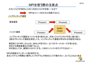 62/76	
               MPIを使う際の注意点
 小さいジョブが成功したのに大きなジョブが失敗・・・なぜ？	
               MPIはリソースをかなり消費するから	
ノンブロッキング通信	

 直接通信	
              Process1	
     Process2	


                                  Buffer
                                  (heap)	
 バッファ通信	
           Process1	
                   Process2	

 ノンブロッキング通信はバッファを多く使うため、大きいジョブでメモリ不足に陥り易い
 (実はブロッキング通信を指定しても、ノンブロッキング通信が呼ばれる可能性がある)	

 典型的には「MPI_なんとか_MAX」が足りない、というエラーメッセージが良く出る。
 対応する環境変数などを調べること。
 対応策としては、通信を小分けにする、こまめにバッファをクリアするなど・・・

MPIの実装はベンダーに強く依存する。
あるシステムで問題なく動作したプログラムが他のところで動かない、ということはよくある

                                                  University of Tokyo
 
