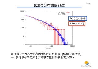 71/76	
        気泡の分布関数 (1/2)	


                          FX10 (L=1440)	

                          ISSP (L=320)	




減圧後、一万ステップ後の気泡分布関数 (体積で規格化)
→ 気泡サイズの大きい領域で統計が取れていない

                                    University of Tokyo
 
