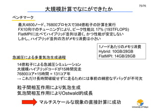 75/76	
            大規模計算でなにができたか	
ベンチマーク	
 最大4800ノード、76800プロセスで384億粒子の計算を実行
 FX10向けのチューニングにより、ピーク性能比 17% (193TFLOPS)	
 FlatMPIに比べてハイブリッド並列は遅く、かつ性能が安定しない
 しかし、ハイブリッド並列の方がメモリ消費は小さい

                              1ノードあたりのメモリ消費
                              Hybrid: 10GB/28GB
急減圧による多重気泡生成過程	
              FlatMPI: 14GB/28GB

 14億粒子による急減圧シミュレーション
 大規模ハイブリッドコードが15時間完走
 76800コア×15時間 = 131コア年
 → これだけ長時間破綻せずに走るためには事前の綿密なデバッグが不可欠	

 粒子間相互作用により気泡生成
 気泡間相互作用によりOstwald的成長	
           マルチスケールな現象の直接計算に成功	
                                             University of Tokyo
 