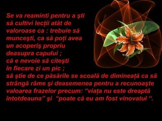 Se va reaminti pentru a şti
să cultivi lecţii atât de
valoroase ca : trebuie să
munceşti, ca să poţi avea
un acoperiş propriu
deasupra capului ;
că e nevoie să citeşti
în fiecare zi un pic ;
să ştie de ce păsările se scoală de dimineaţă ca să
strângă râme şi deasemenea pentru a recunoaşte
valoarea frazelor precum: “viaţa nu este dreaptă
întotdeauna” şi “poate că eu am fost vinovatul “.
 